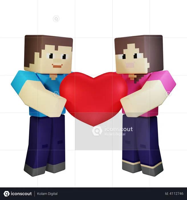 Couple Saint-Valentin tenant coeur avec amour romantique  3D Illustration