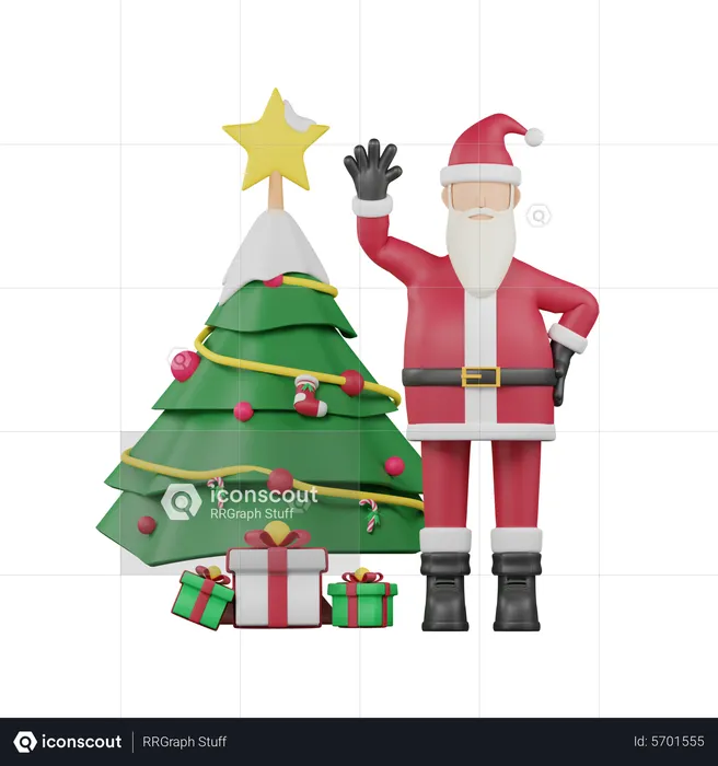 Santa and Christmas Tree  3D Illustration