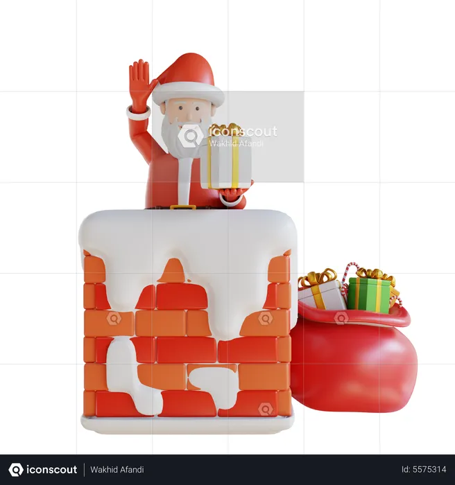 Santa Santa Brings A Gift Box In The Chimney  3D Illustration