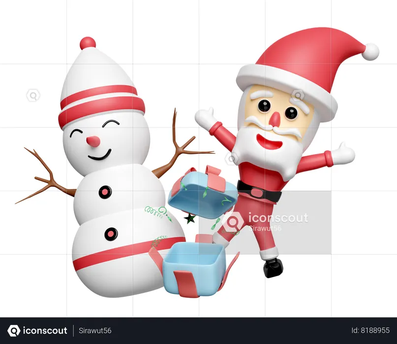 Santa Claus And Snowman With Gift  3D Icon