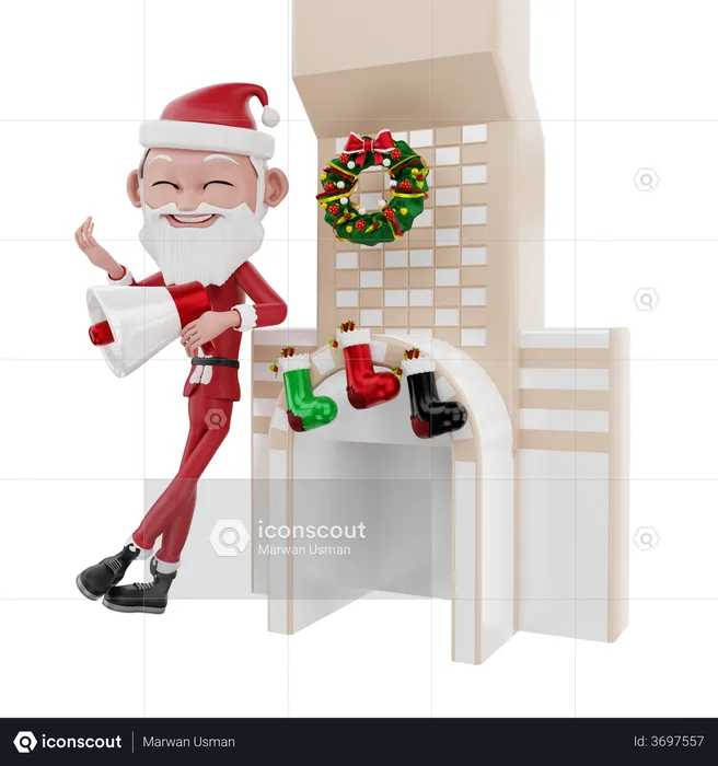Santa claus announcement christmas at fireplace  3D Illustration