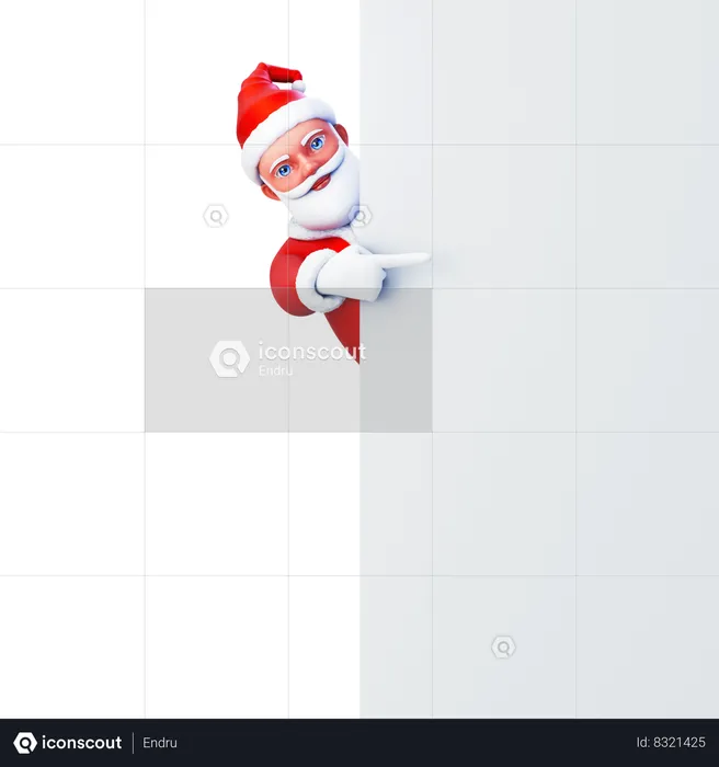 Papá Noel señalando desde detrás de la pared  3D Illustration