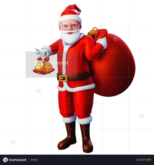 Santa Claus Bring Gift Bag With Christmas Bell  3D Illustration