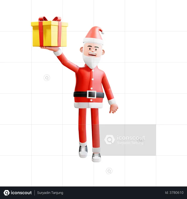 Santa claus carries and lifts Christmas gifts with his right hand  3D Illustration