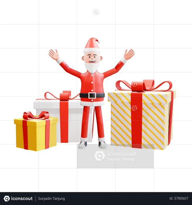 Santa claus celebrates merry christmas and happy new year with gifts  3D Illustration