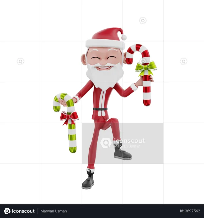 Santa claus dancing with candy cane  3D Illustration
