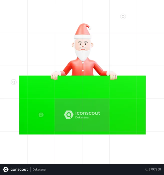 Papá Noel de pie y sosteniendo una gran pancarta verde frente a él  3D Illustration