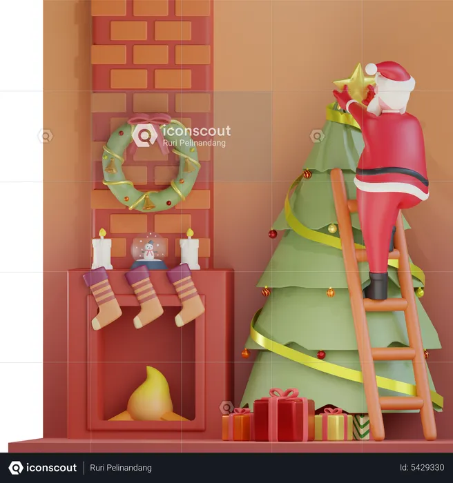 Santa Claus Decorating Christmas Tree  3D Illustration