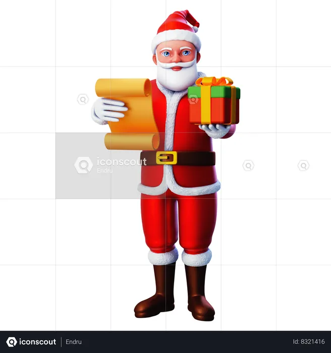 Santa Claus Giving Christmas Gift Box From Paper List  3D Illustration
