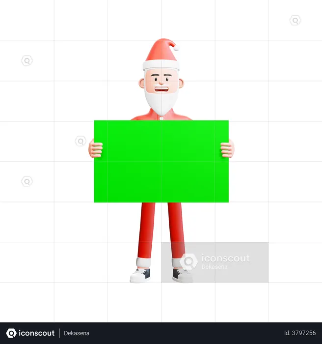 Santa Claus holding a green banner with both hands in front of his body  3D Illustration