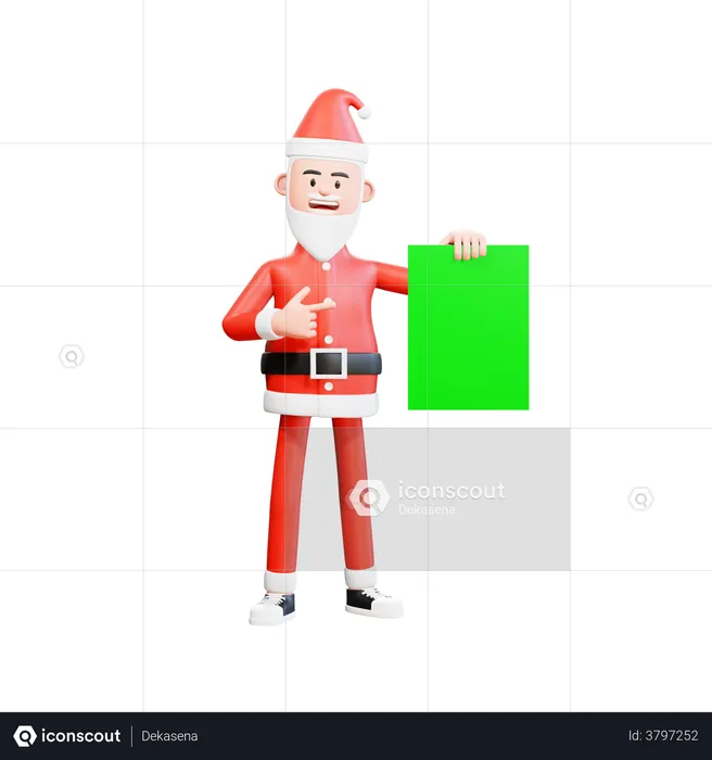 Santa Claus holding green paper with his left hand and pointing with his right hand  3D Illustration