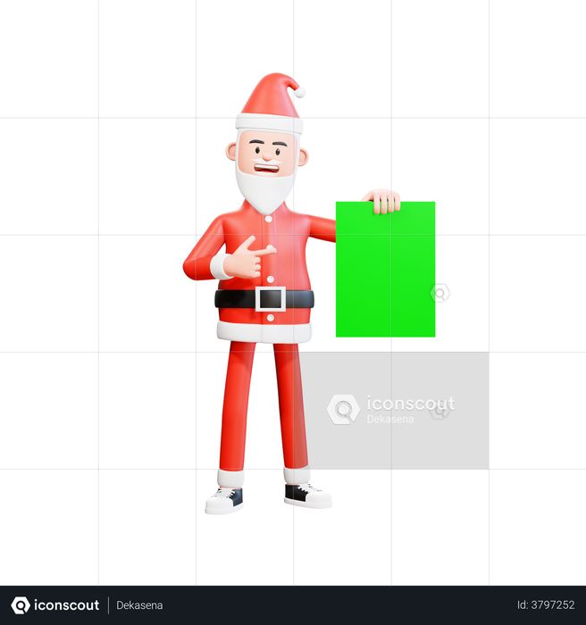 Santa Claus holding green paper with his left hand and pointing with his right hand 3D Illustration