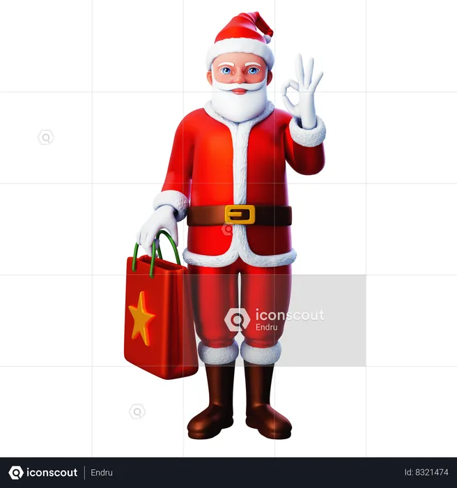 Santa Claus Holding Shopping Bag And Showing Ok Hand Gesture  3D Illustration