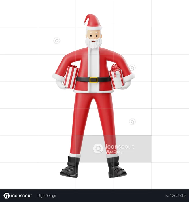 Santa Claus Holding Two Gifts Around His Waist  3D Illustration