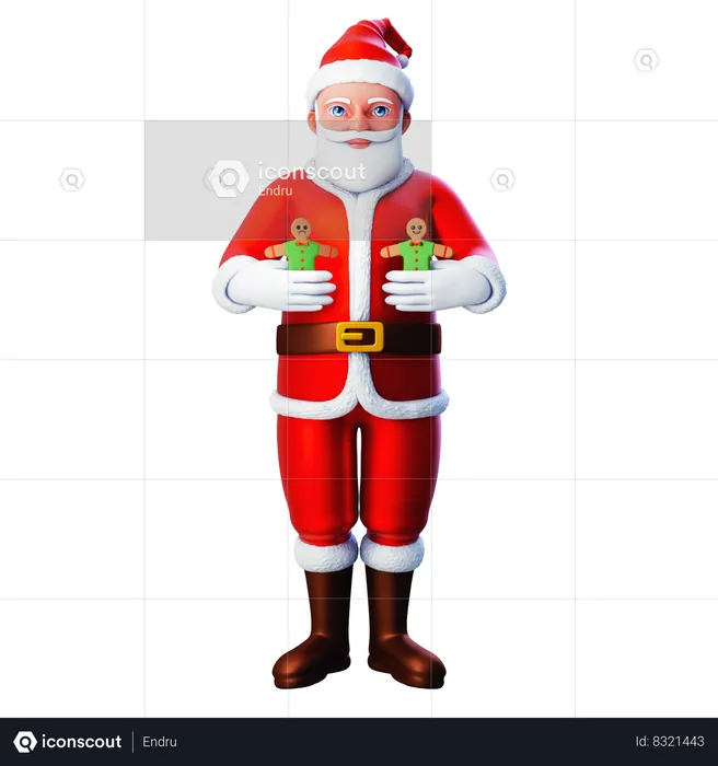 Santa Claus Holding Two Gingerbreads  3D Illustration