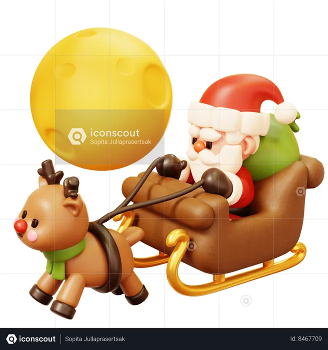 Santa Claus in Sleigh Flying with Reindeer Delivers Presents at Night  3D Icon