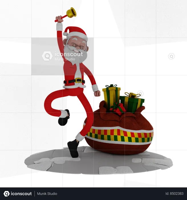 Santa Claus Jumping And Holding Jingle Bell  3D Illustration