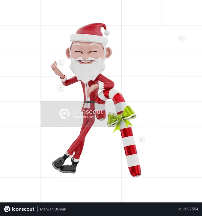Santa claus leaning on candy cane  3D Illustration