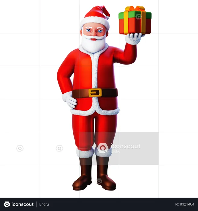 Santa Claus levantando caja de Navidad con la mano derecha  3D Illustration