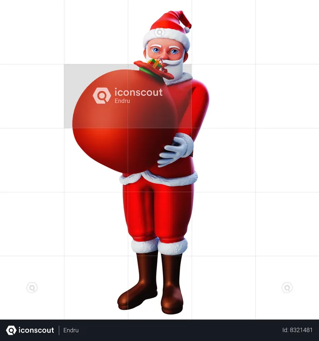 Santa Claus Lifting Gift Bag  3D Illustration