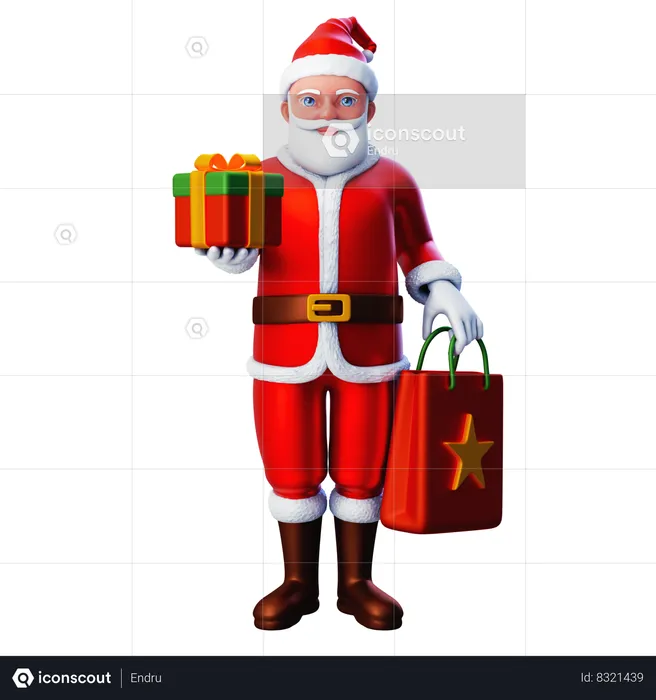 Santa Claus mostrando caja de regalo de Navidad y bolsa de compras  3D Illustration