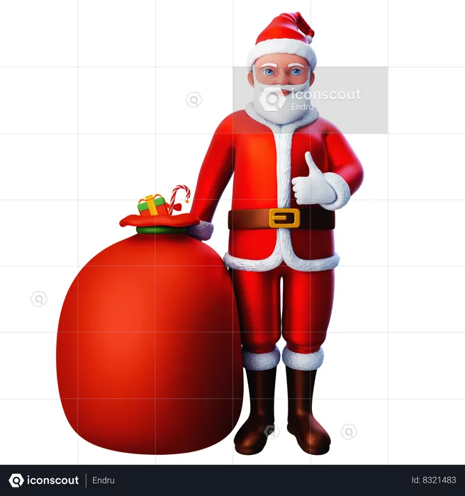 Santa Claus mostrando el gesto de la mano con el pulgar hacia arriba con una bolsa de regalo  3D Illustration