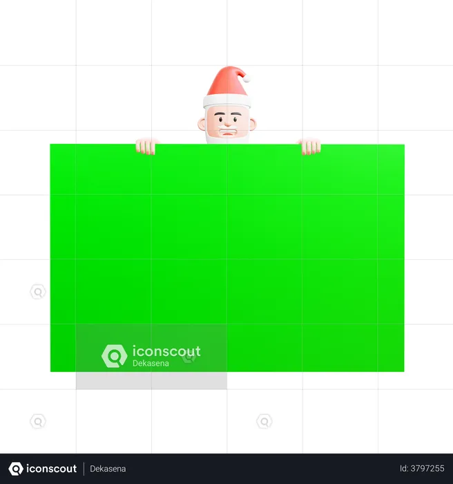 Santa Claus peeking behind a big green screen only his head and hands can be seen  3D Illustration