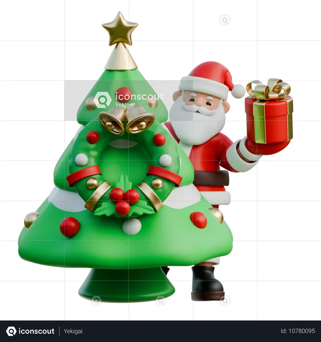 Santa Claus Peeking From Behind Christmas Tree  3D Illustration