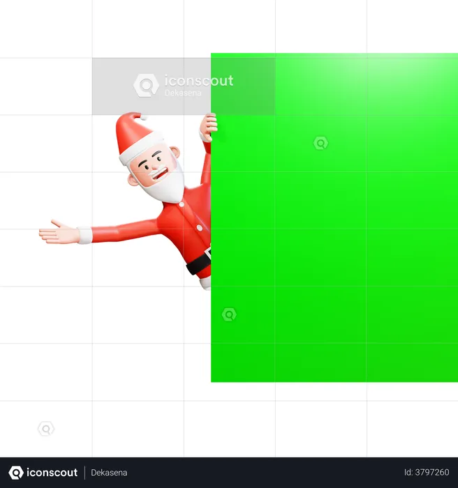 Santa Claus peeping coming out from behind a green screen banner  3D Illustration