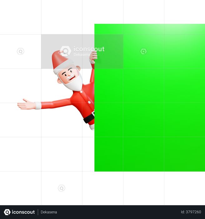 Santa Claus peeping coming out from behind a green screen banner 3D Illustration