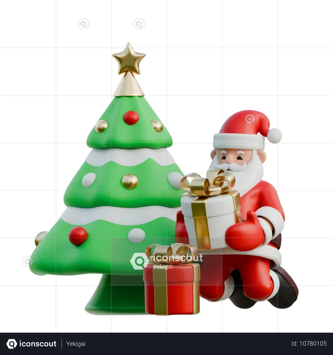 Santa Claus Placing Gifts Under Tree  3D Illustration