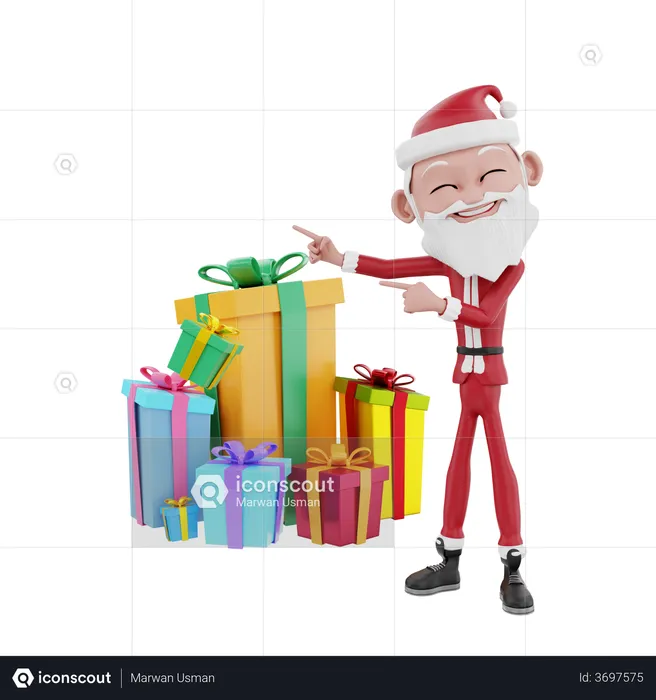 Santa claus pointing christmas gifts  3D Illustration