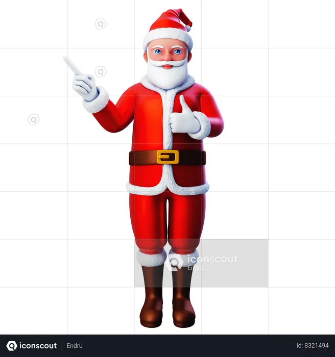 Santa Claus Pointing To Top Left Side And Other Hand Showing Thumb Up Gesture  3D Illustration