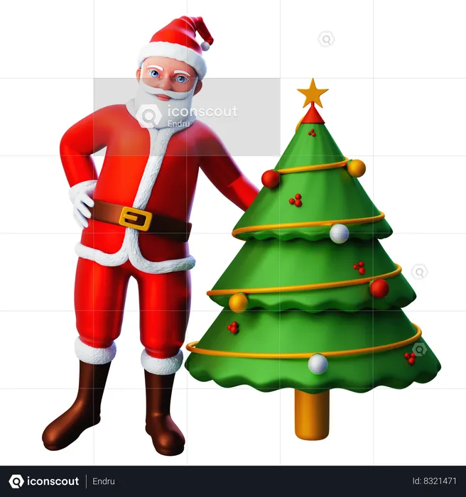 Santa Claus Posing With Christmas Tree  3D Illustration