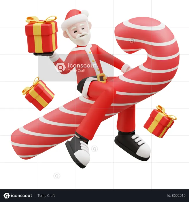 Santa Claus Riding On Candy Cane  3D Illustration