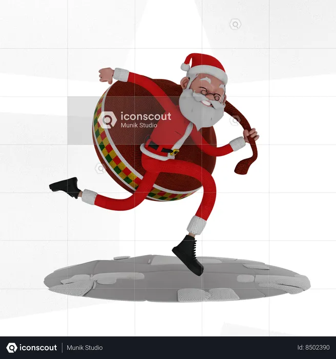 Santa Claus Running With Gift Bag  3D Illustration
