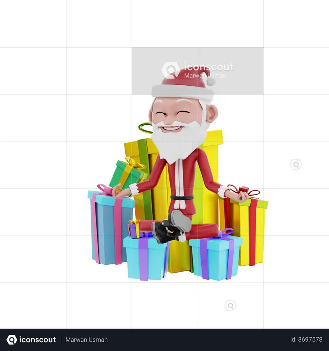 Santa claus seating on christmas gifts  3D Illustration