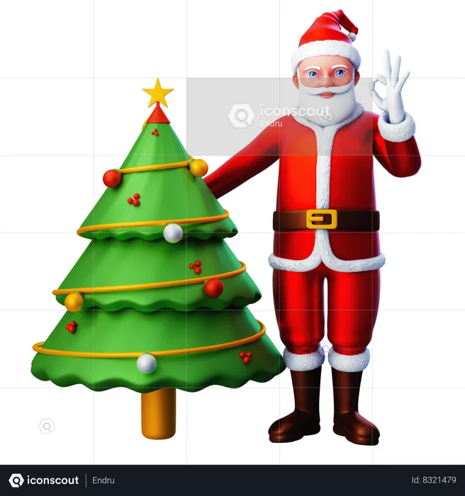 Santa Claus Show Ok Hand Gesture With Christmas Tree  3D Illustration