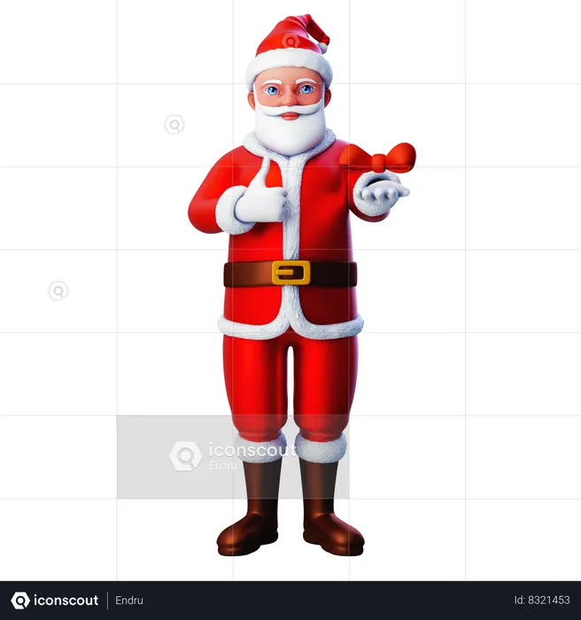 Santa Claus Showing Bow Ribbon And Posing Thumb Up Hand Gesture  3D Illustration