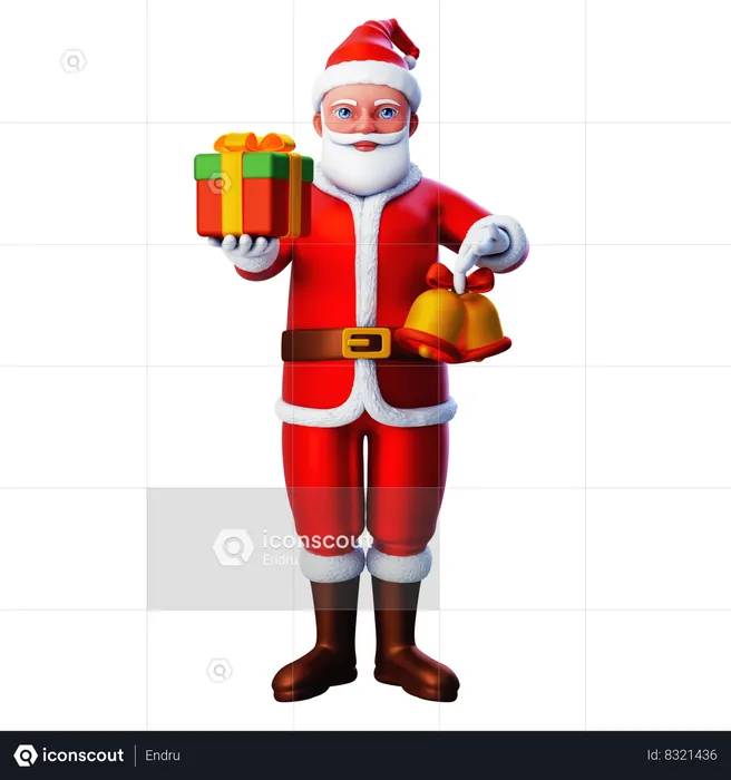 Santa Claus Showing Christmas Gift Box And Christmas Bell  3D Illustration