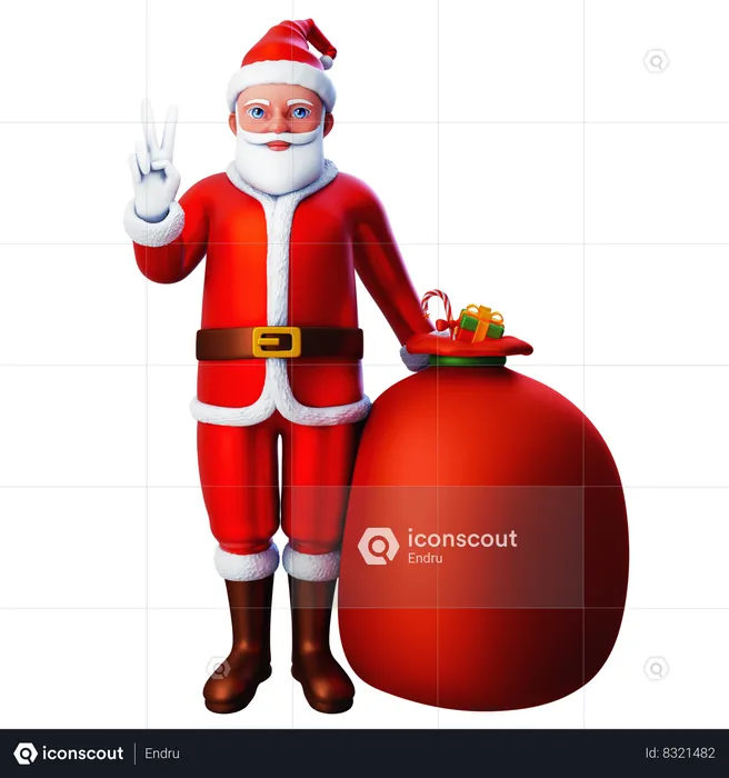 Santa Claus Showing Peace Hand Gesture With Gift Bag  3D Illustration