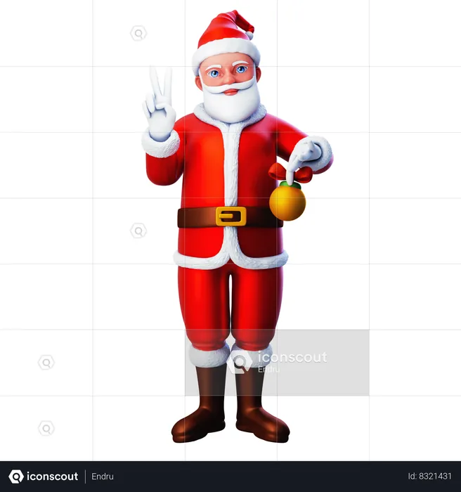 Santa Claus Showing Peace Hand Gesture With Holding Christmas Ball  3D Illustration