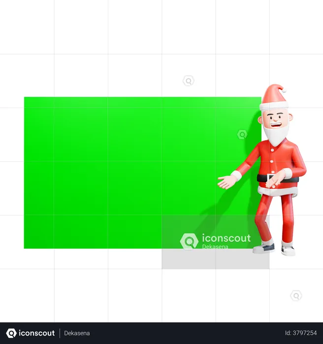 Santa Claus shows something on the green screen beside him while bowing show an information  3D Illustration