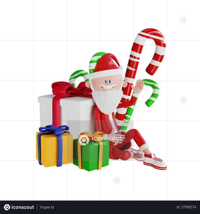 Santa Claus Sitting Beside The Gift And Candies  3D Illustration