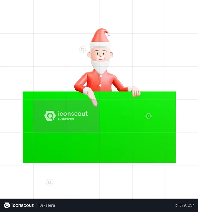 Santa Claus standing behind the big green banner and showing something  3D Illustration