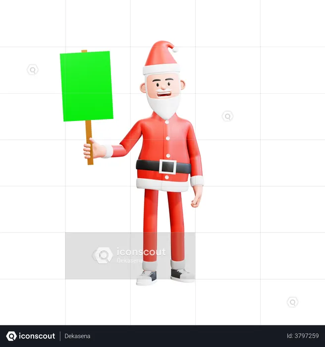 Santa Claus standing casually holding green paper placard with right hand  3D Illustration