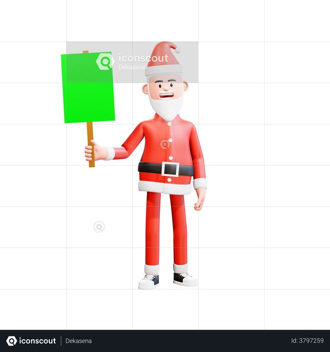 Santa Claus standing casually holding green paper placard with right hand 3D Illustration