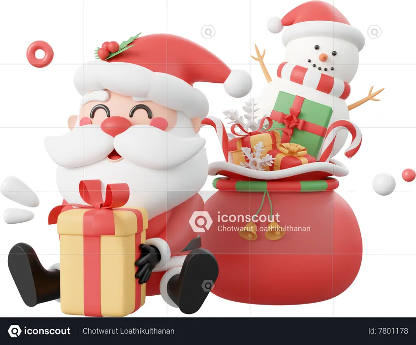 Santa Claus With Christmas Gift And Snowman  3D Icon