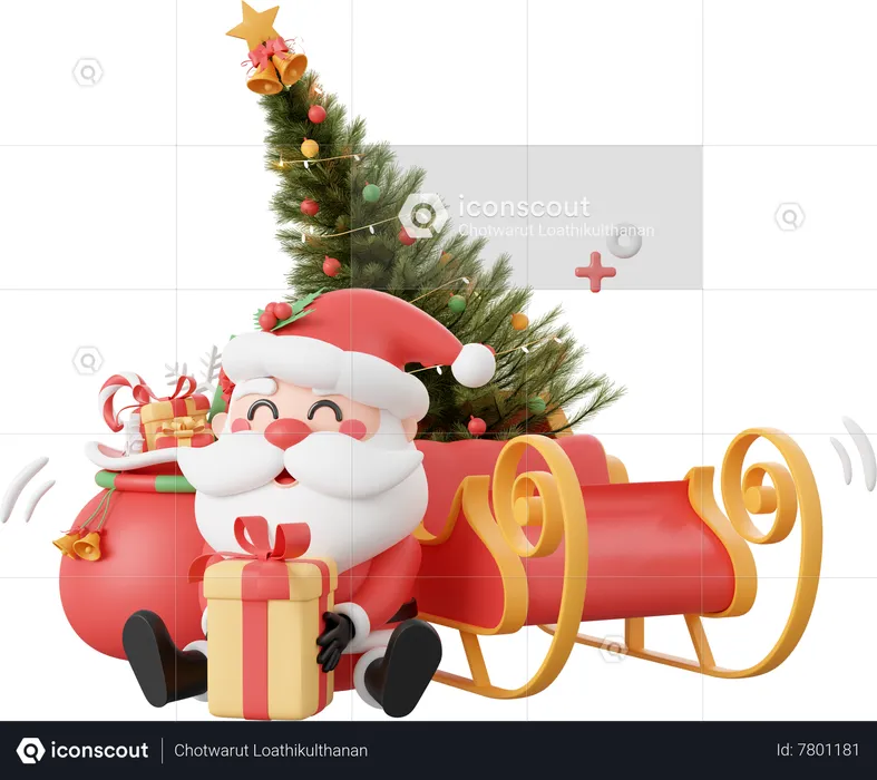 Santa Claus With Christmas Tree On Sleigh  3D Icon