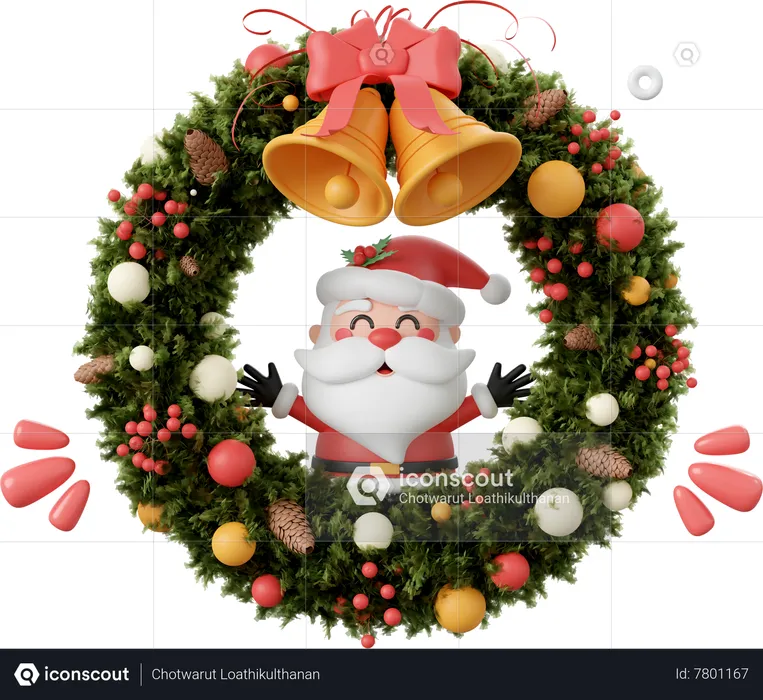 Santa Claus With Christmas Wreath  3D Icon